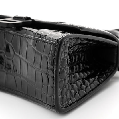 Balenciaga Shiny Calfskin Monochrome Crocodile Embossed Hourglass Top Handle Bag XS Black 9 of 9