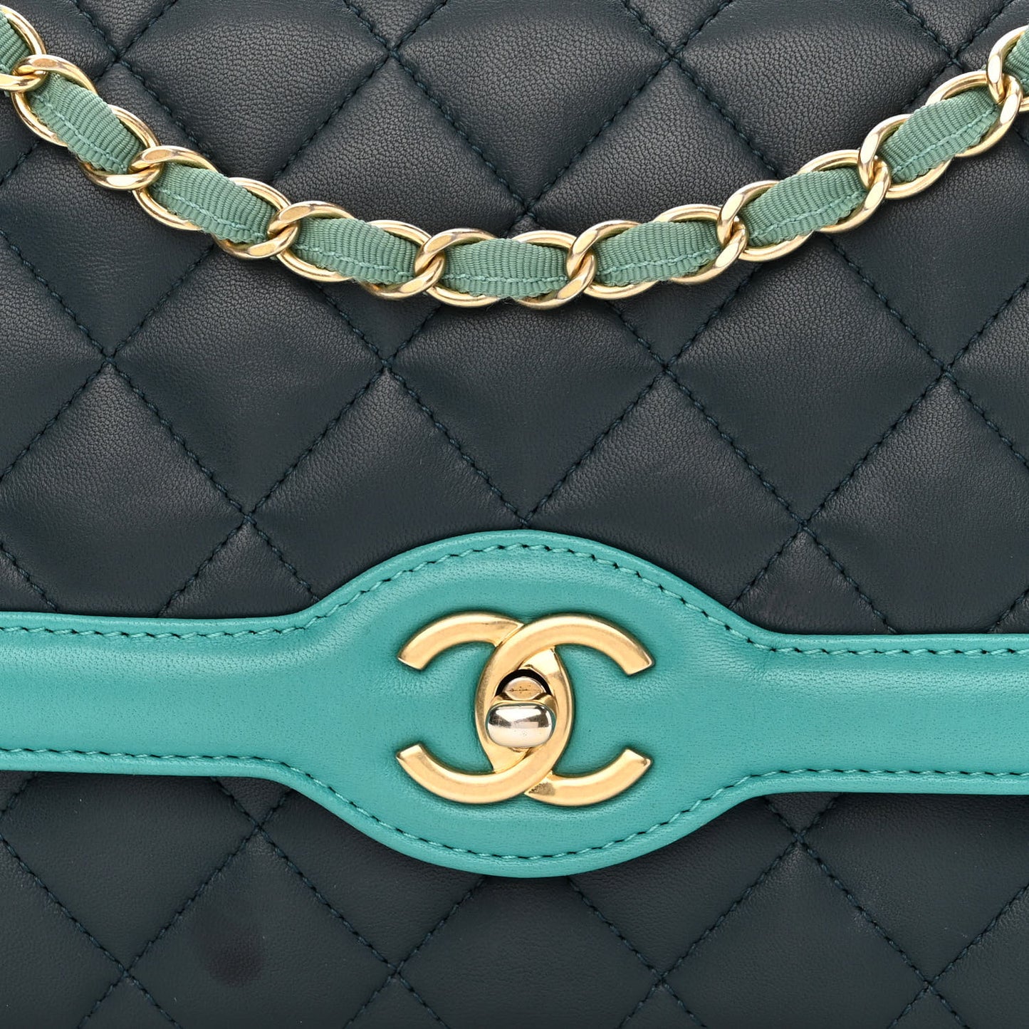 Lambskin Quilted Bi-Color Flap Navy Turquoise