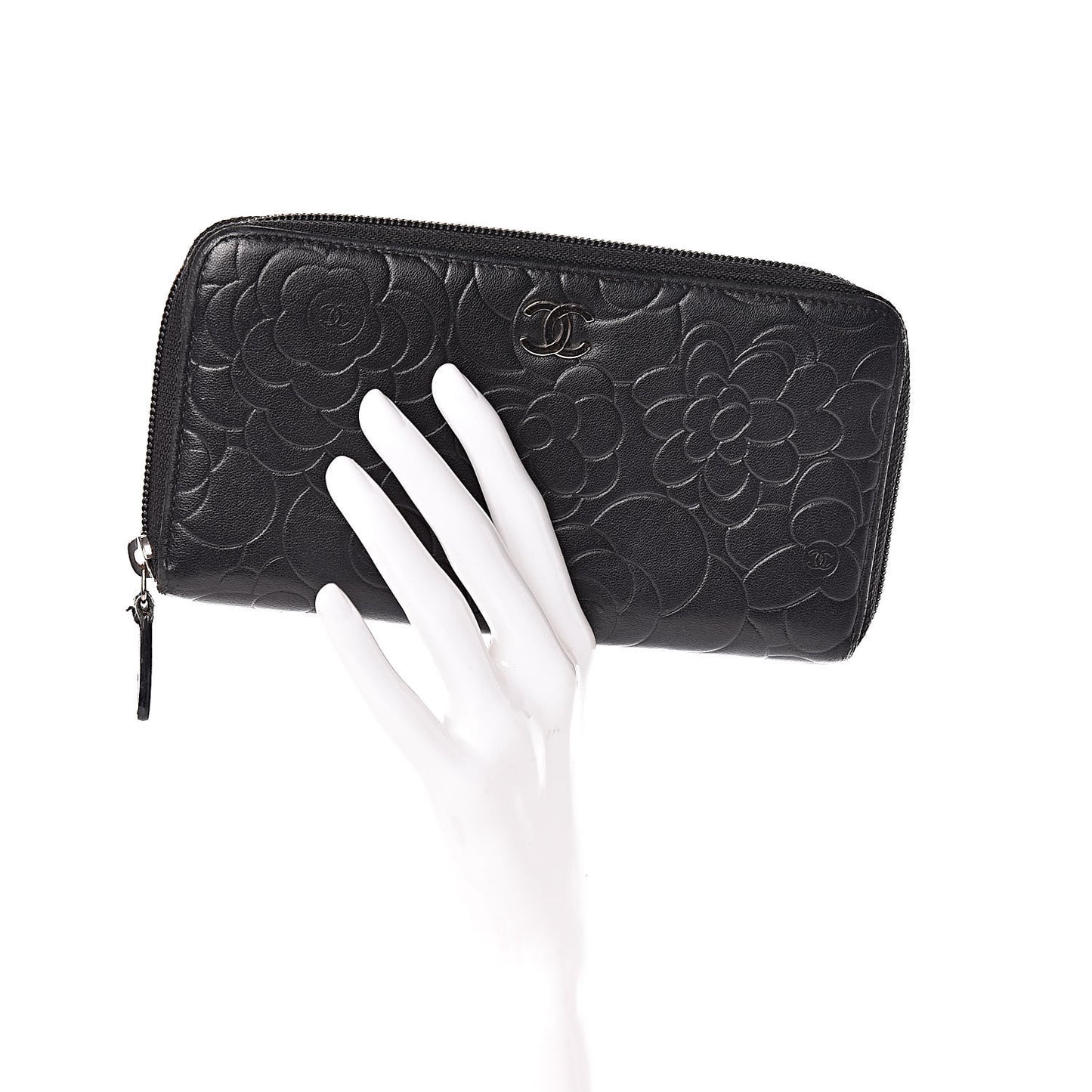 Lambskin Camellia Embossed Large Zip Around Gusset Wallet Black