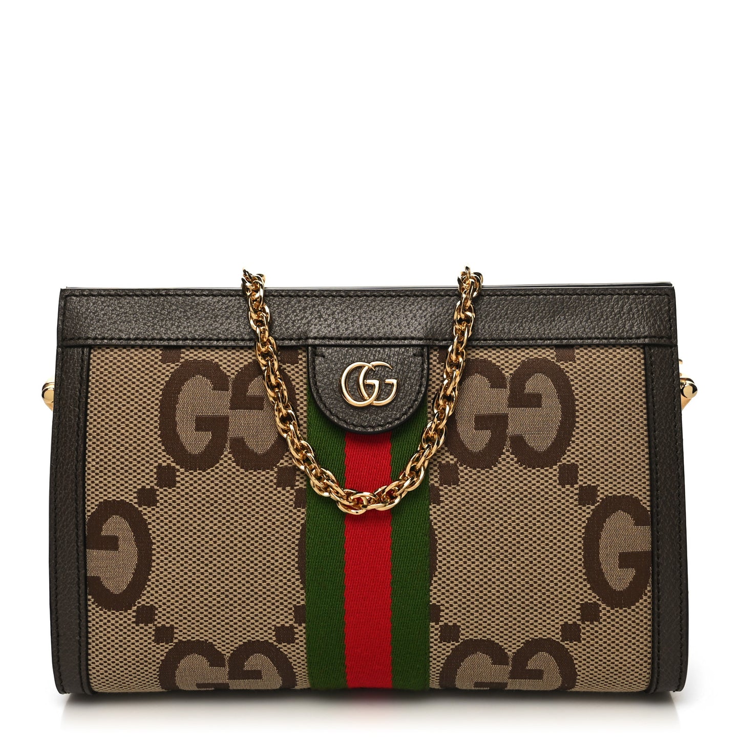 Monogram Jumbo GG Textured Dollar Calfskin Web Small Ophidia Chain Shoulder Bag Camel Ebony New Acero