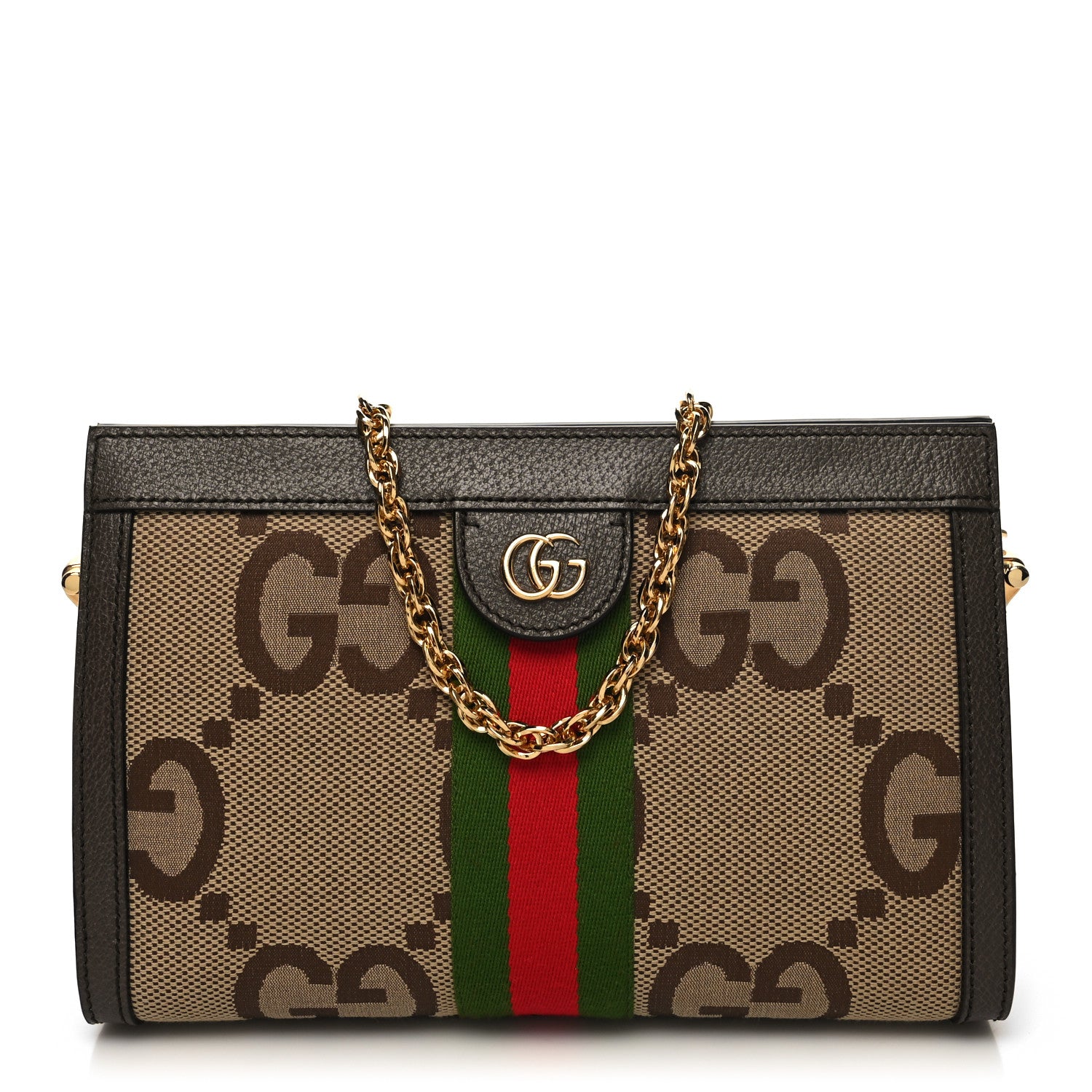 Gucci Monogram Jumbo GG Textured Dollar Calfskin Web Small Ophidia Chain Shoulder Bag Camel Ebony New Acero 1 of 10