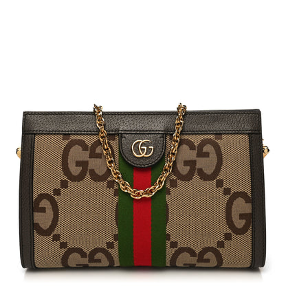 Gucci Monogram Jumbo GG Textured Dollar Calfskin Web Small Ophidia Chain Shoulder Bag Camel Ebony New Acero 1 of 10