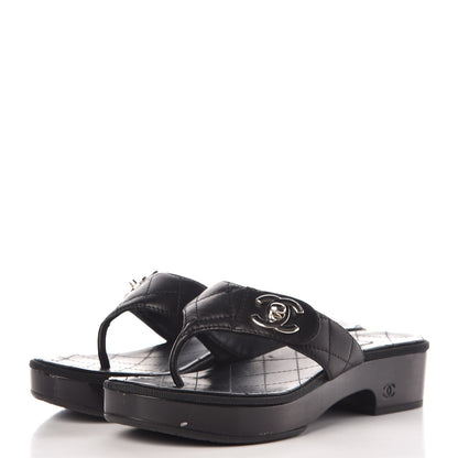 Chanel Lambskin Quilted CC Turnlock Sandals 37 Black 3 of 10