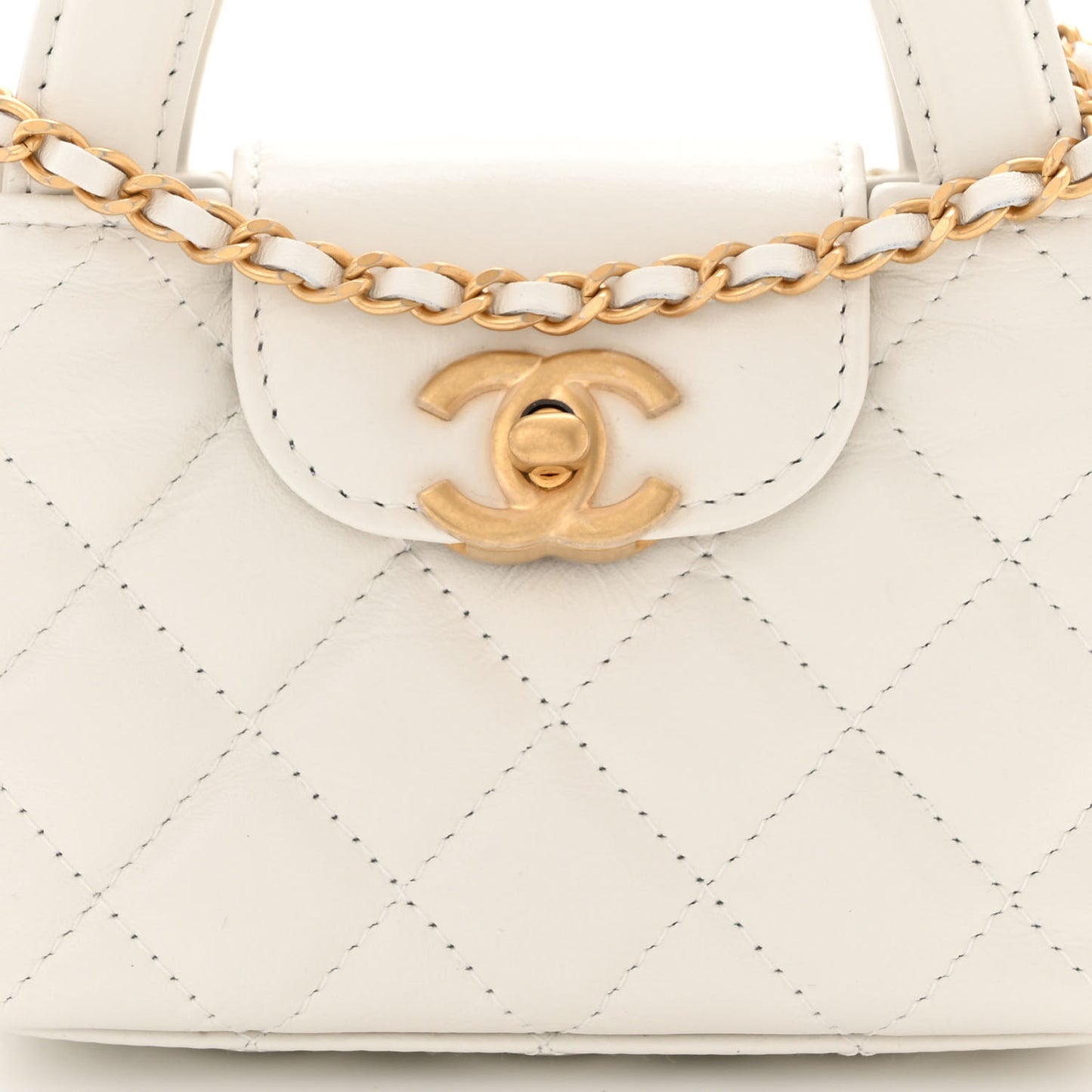 Shiny Aged Calfskin Quilted Mini Nano Kelly Shopper White