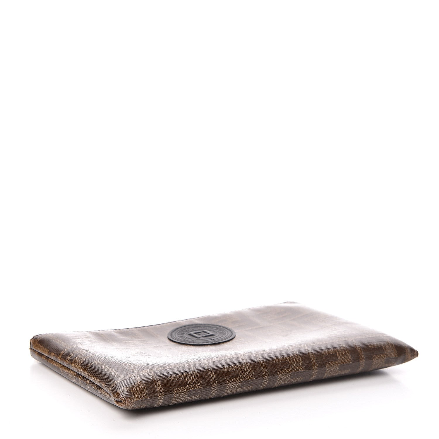 Fendi Glazed Fabric Vitello Century FF 1974 Stamp Patch Small FFreedom Flat Pouch Mogano Panna Black 4 of 10
