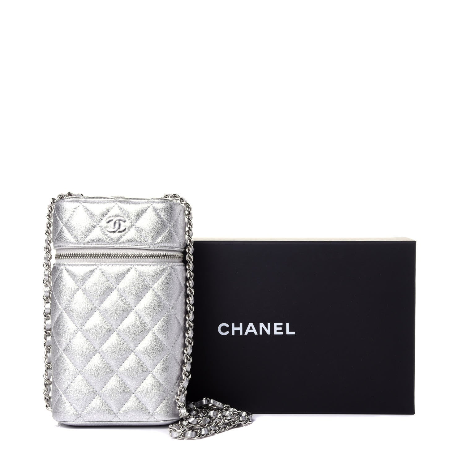 Chanel Metallic Lambskin Quilted Phone Holder With Chain Silver 12 of 12