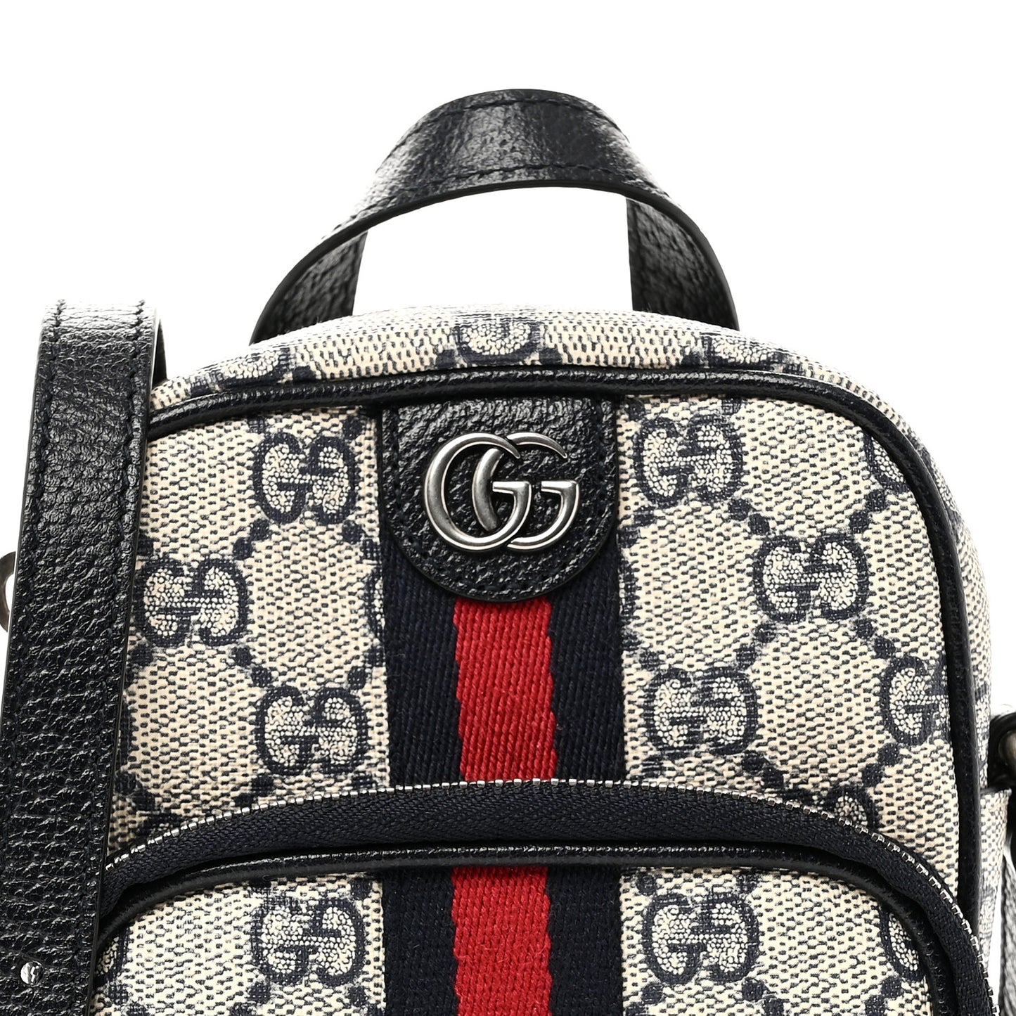 GG Supreme Monogram Textured Dollar Calfskin Web Mini Ophidia Double Zip Messenger Bag Beige Blue