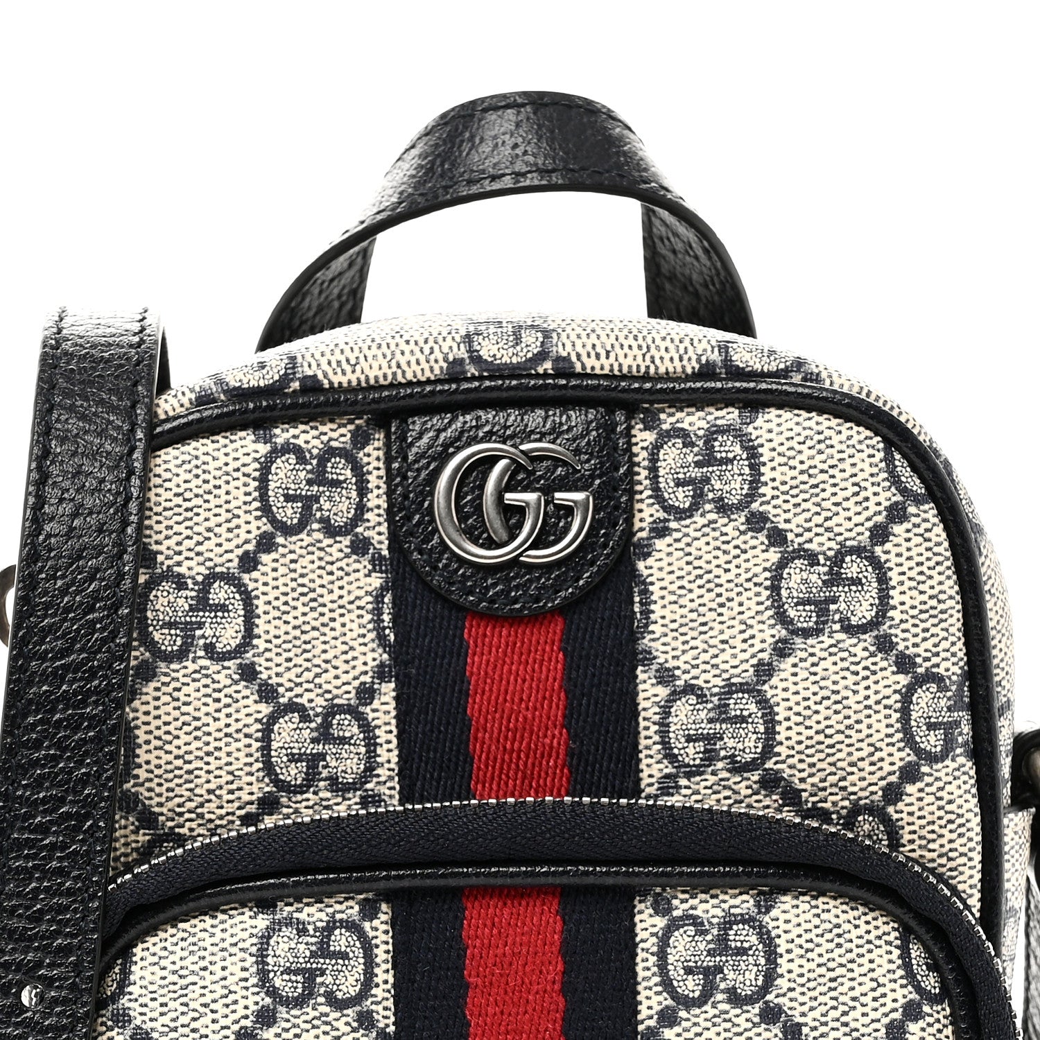 Gucci GG Supreme Monogram Textured Dollar Calfskin Web Mini Ophidia Double Zip Messenger Bag Beige Blue 8 of 10