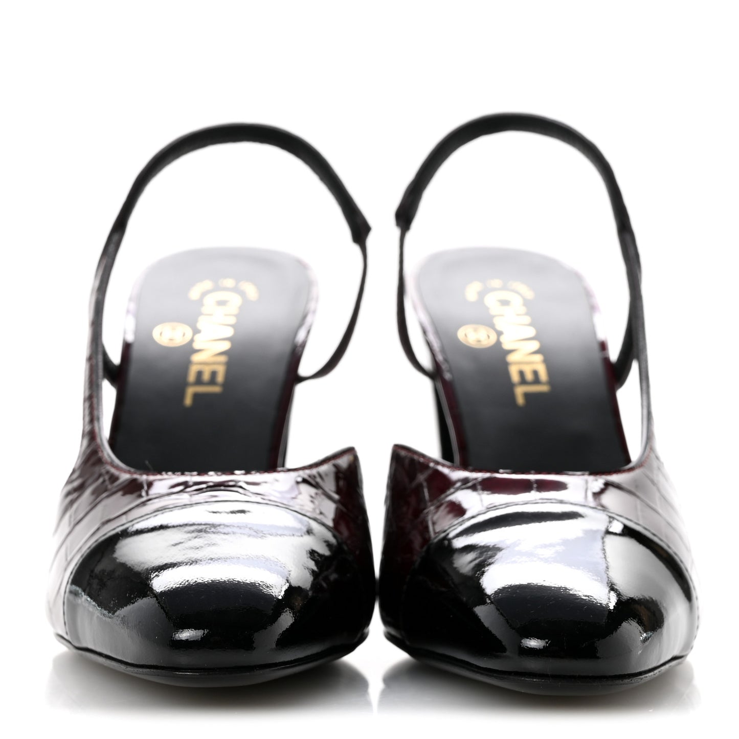 Patent Calfskin Crocodile Embossed Cap Toe CC Slingback Sandals 39 Dark Burgundy Black