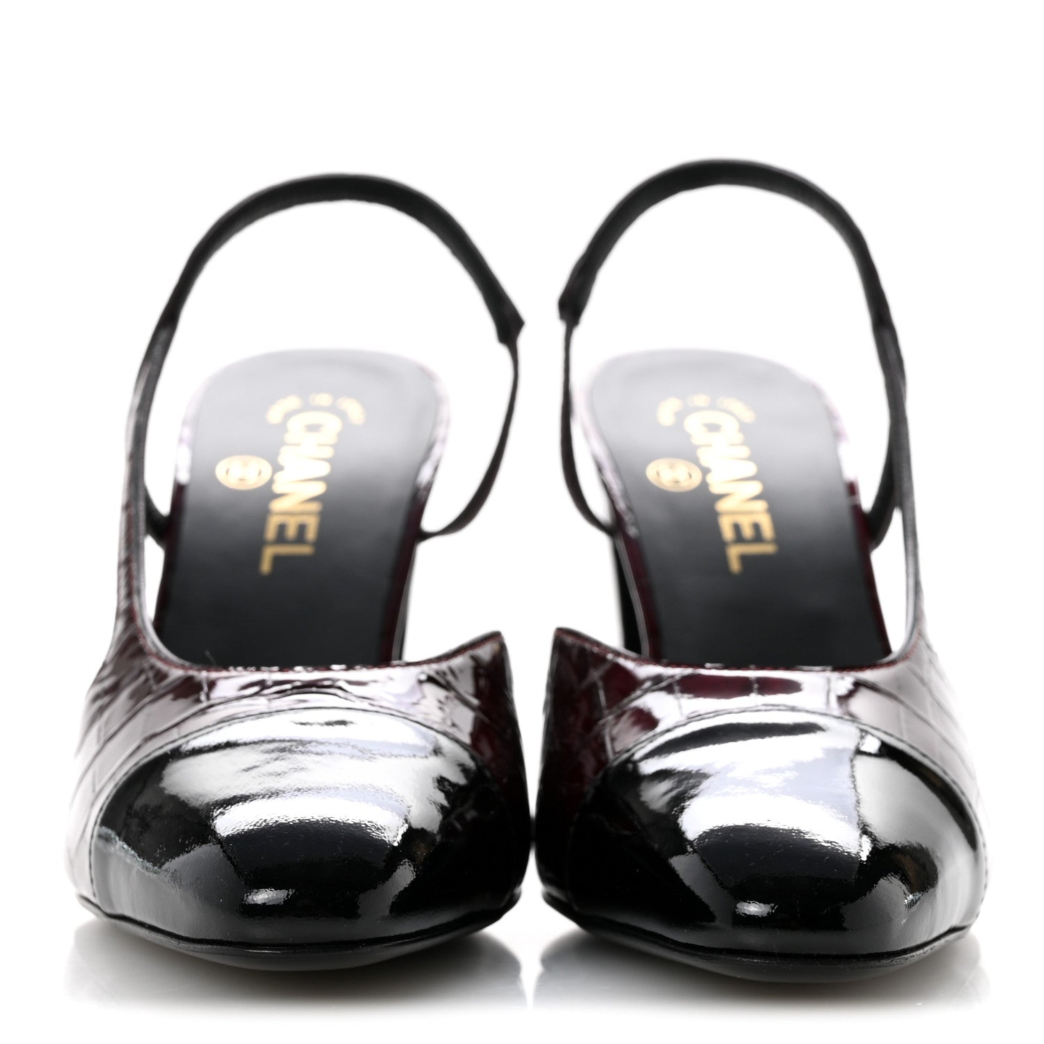Chanel Patent Calfskin Crocodile Embossed Cap Toe CC Slingback Sandals 39 Dark Burgundy Black 3 of 10