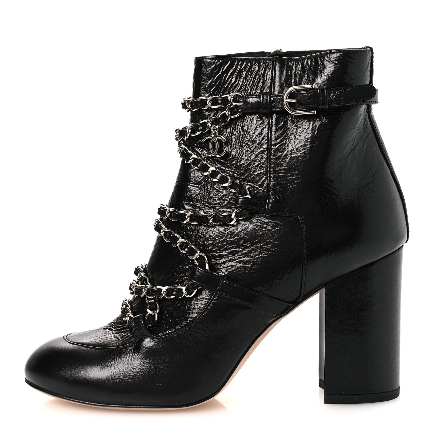 Crackled Calfskin Chain CC Short Boots 38.5 Black