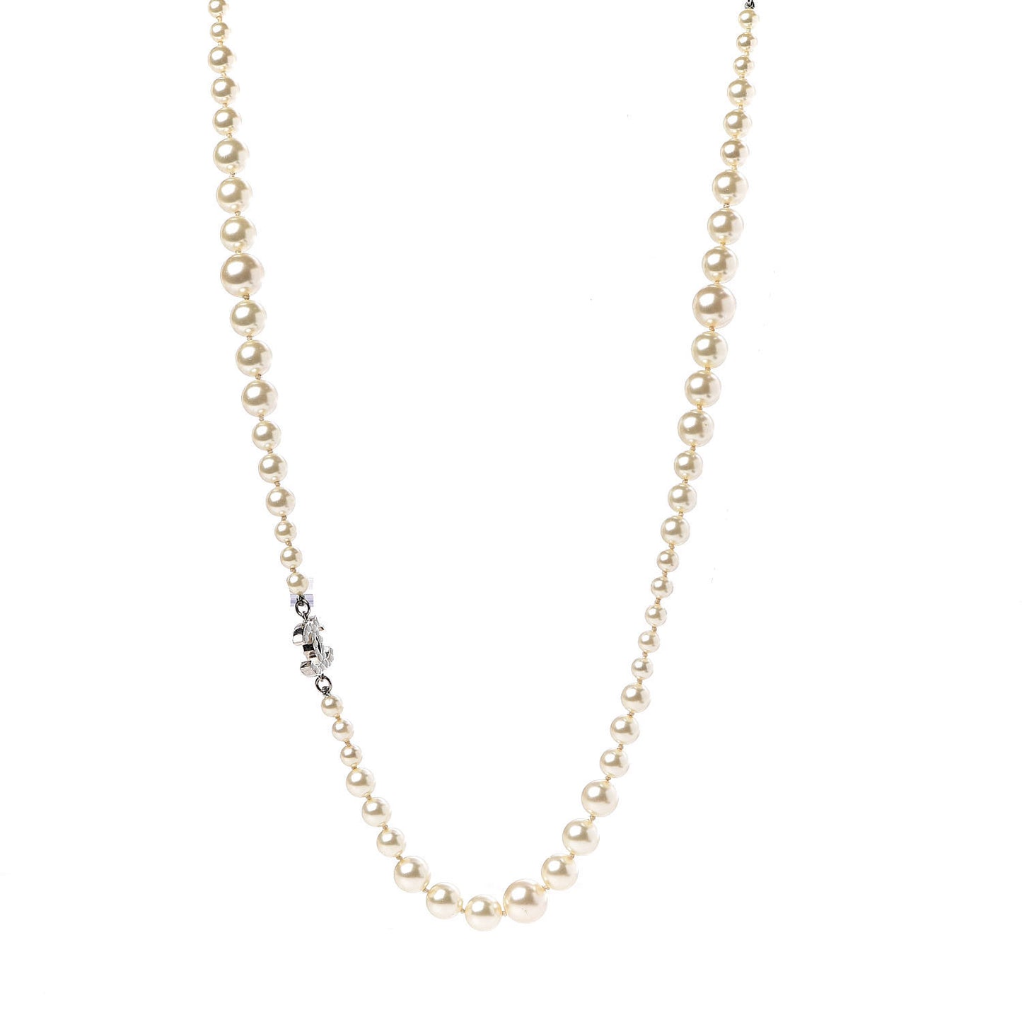 Graduated Pearl CC Long Necklace Silver