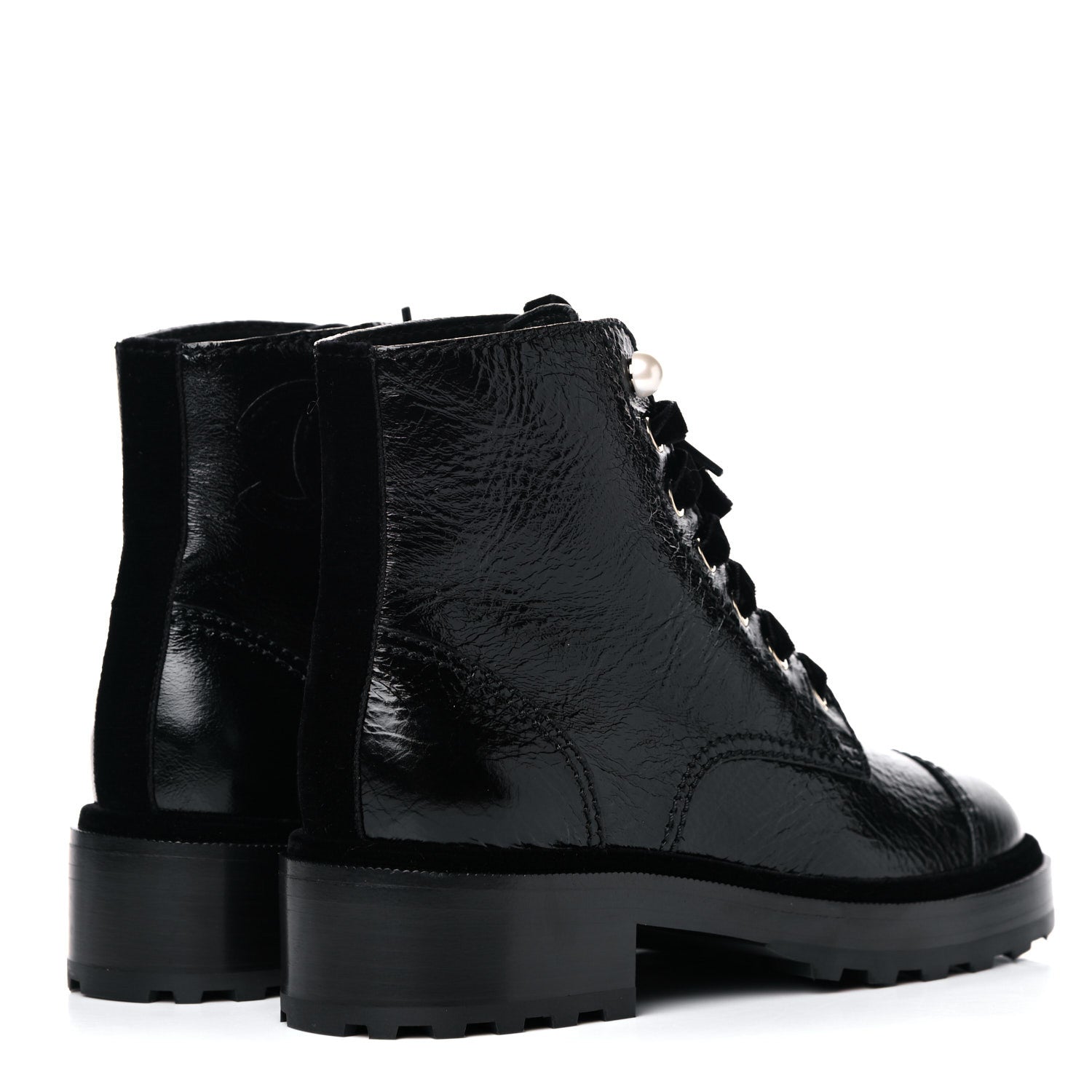 Chanel Shiny Calfskin Velvet Pearl Combat Short Boots 37 Black 4 of 13