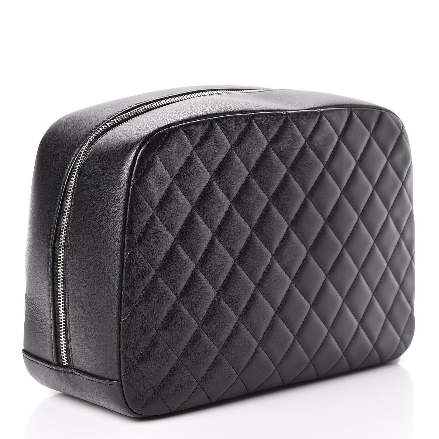 Lambskin Quilted Large Curvy Pouch Cosmetic Case Black