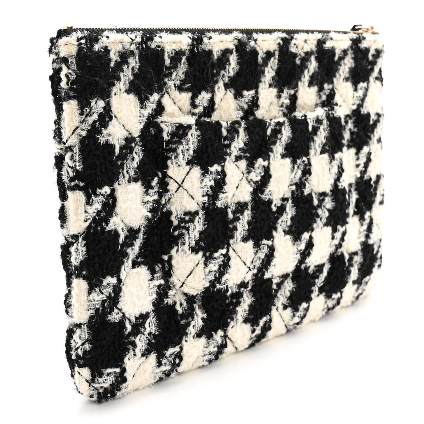 Tweed Shearling Quilted Chanel Cosmetic Pouch White Black