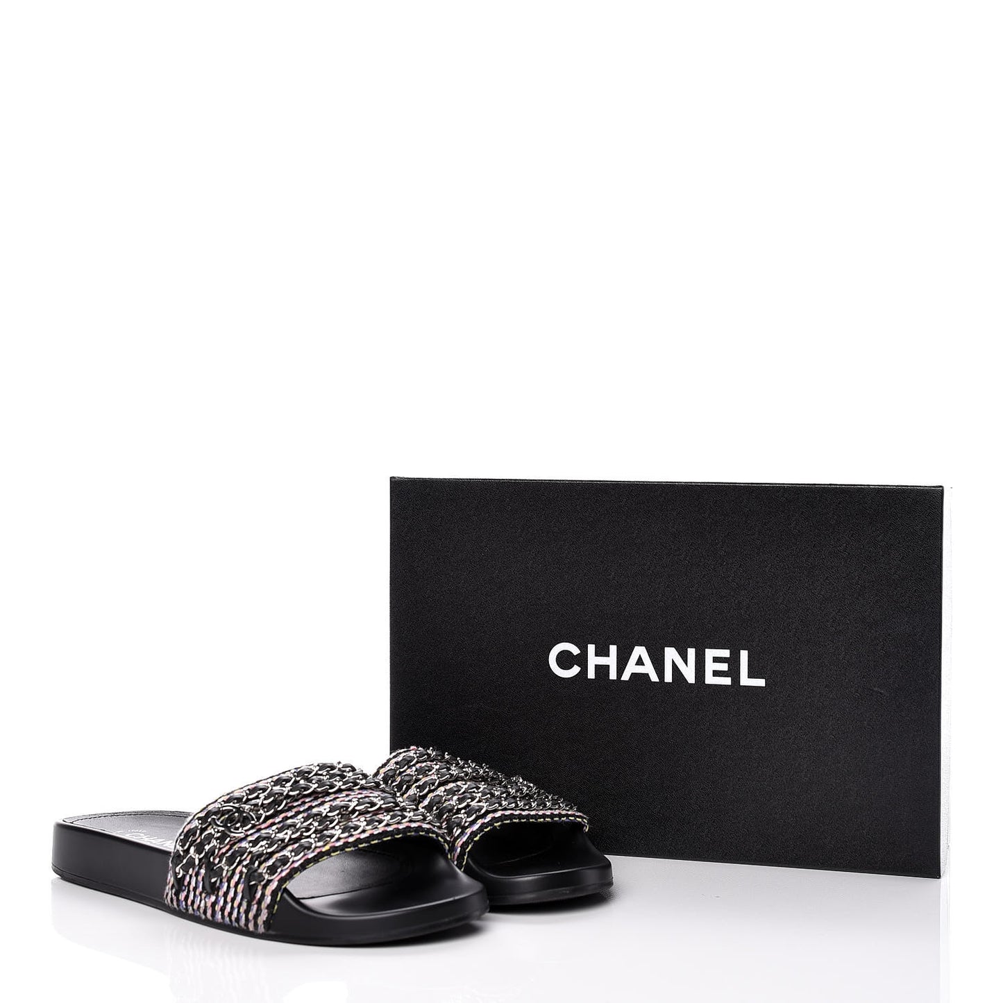 Tweed Lambskin Chain Flat Sandals 41 Black Multicolor