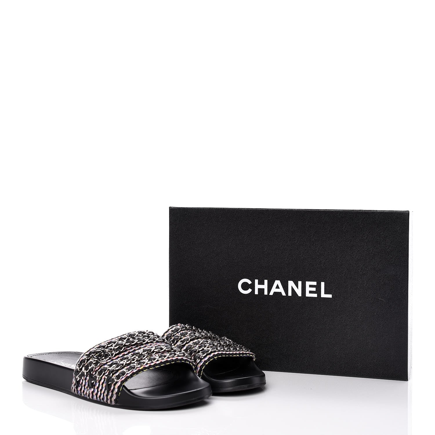 Chanel Tweed Lambskin Chain Flat Sandals 41 Black Multicolor 9 of 9