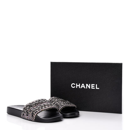 Chanel Tweed Lambskin Chain Flat Sandals 41 Black Multicolor 9 of 9