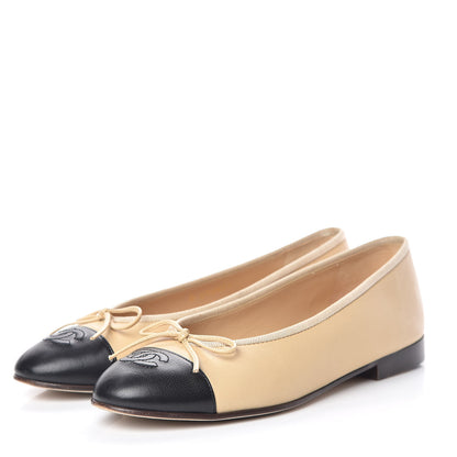 Chanel Lambskin Cap Toe CC Ballerina Flats 37 Beige Black 3 of 13