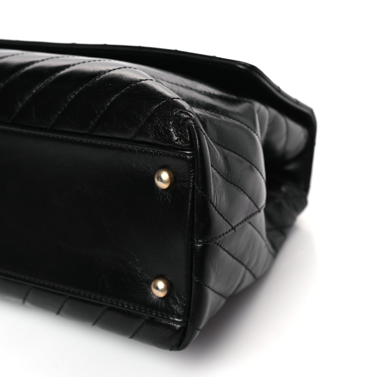 Aged Calfskin Chevron Quilted Large Coco Handle Flap Black