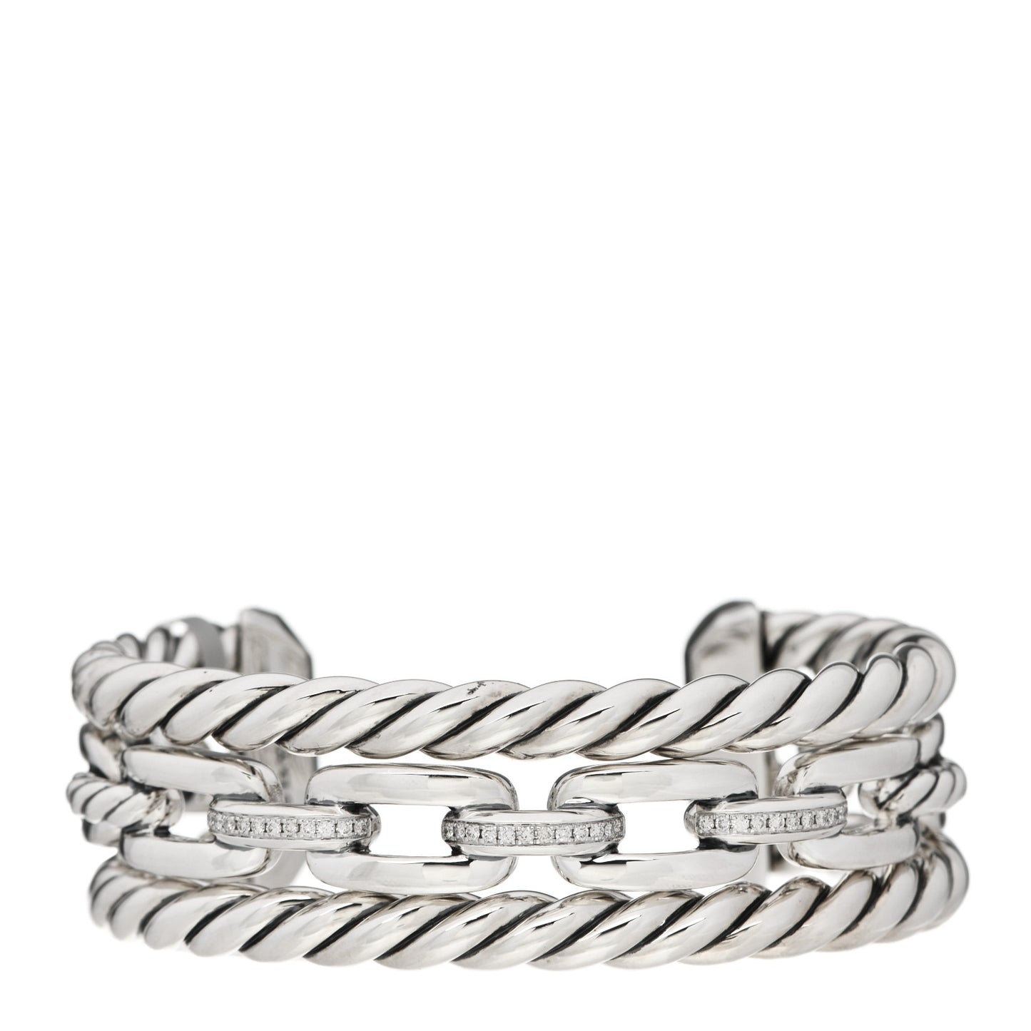 Sterling Silver Diamond Wellesley Link Three-Row Cuff Bracelet