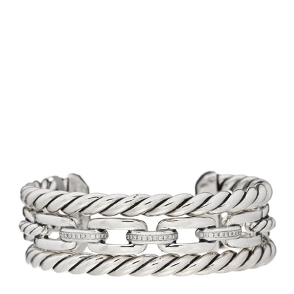 David Yurman Sterling Silver Diamond Wellesley Link Three-Row Cuff Bracelet 1 of 3