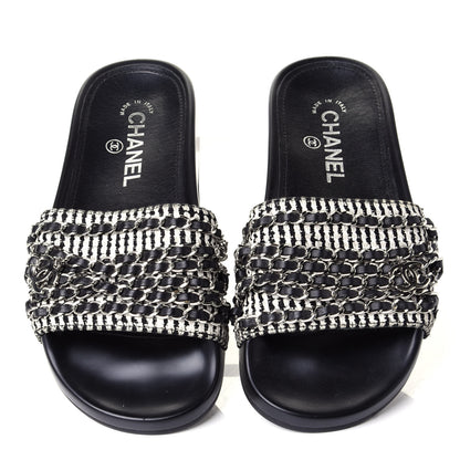 Chanel Tweed Lambskin Chain Flat Sandals 36 White Black 4 of 10