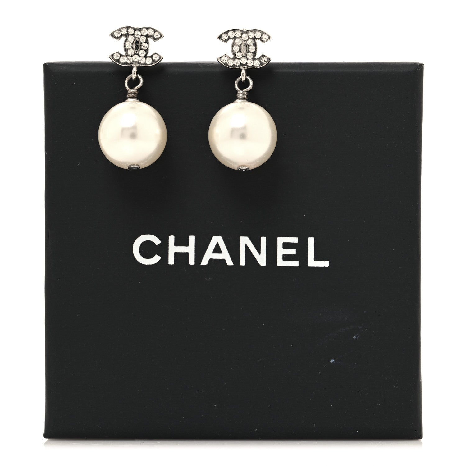 Chanel Crystal Pearl CC Drop Earrings Silver Pearly White 5 of 5