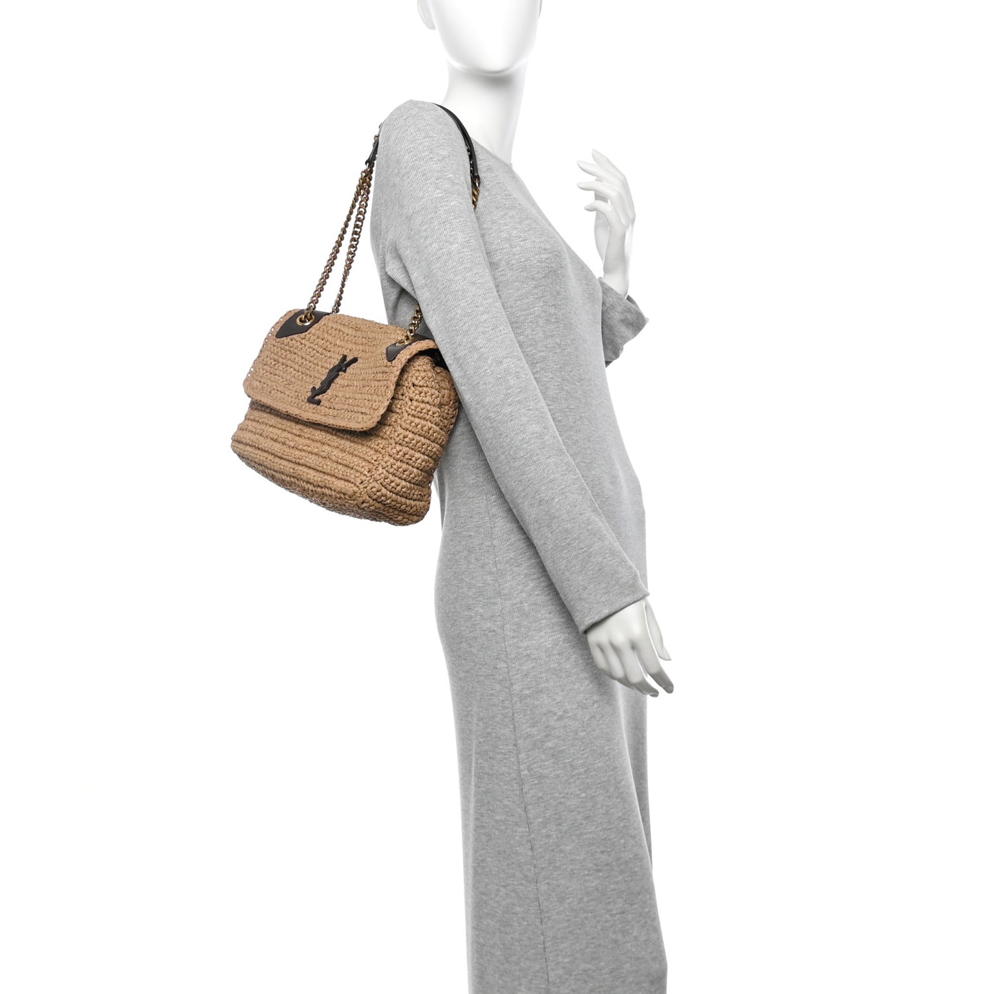 Raffia Calfskin Monogram Medium Niki Chain Satchel Natural