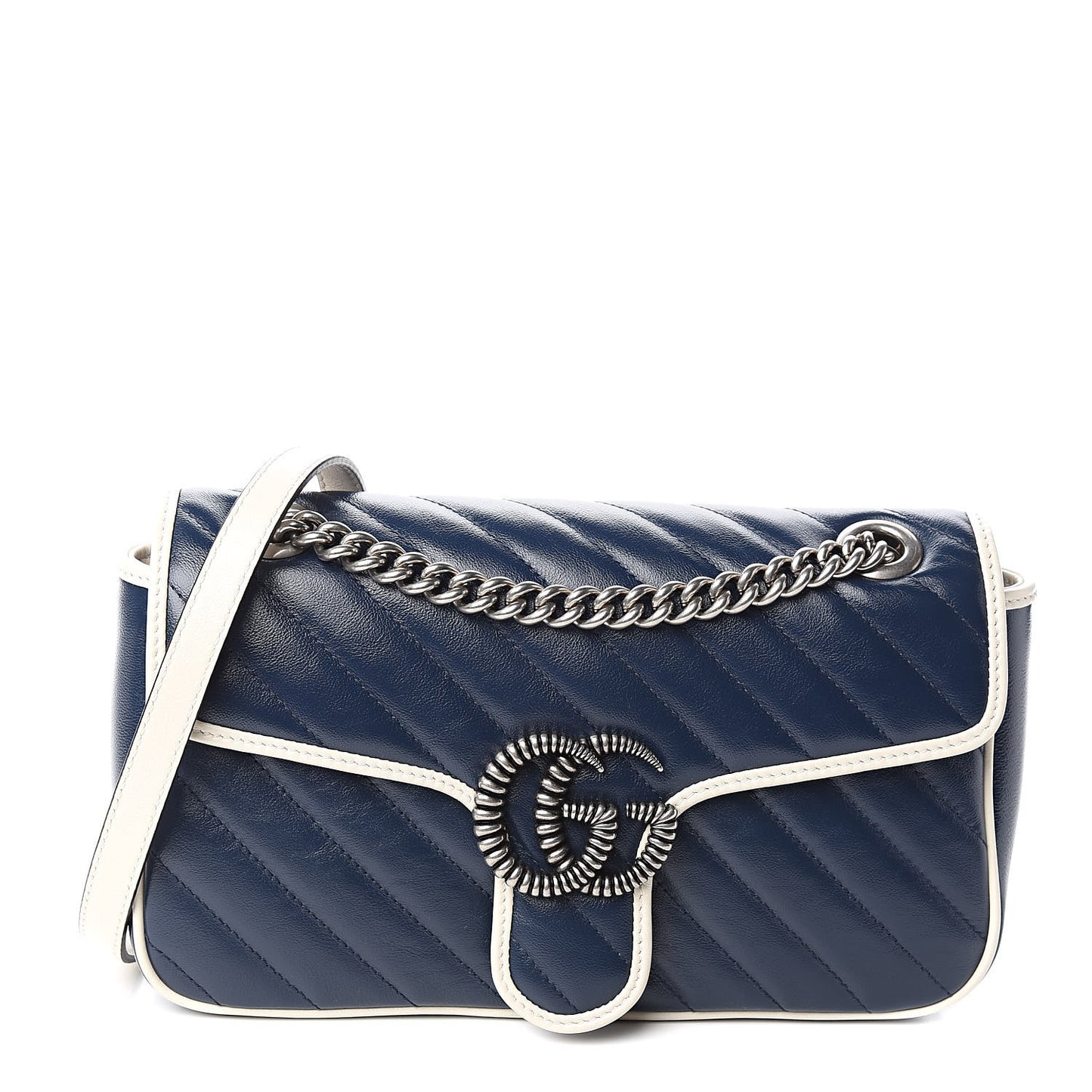 Vintage Effect Calfskin Matelasse Diagonal Small Torchon GG Marmont Shoulder Bag Blue Agata Mystic White