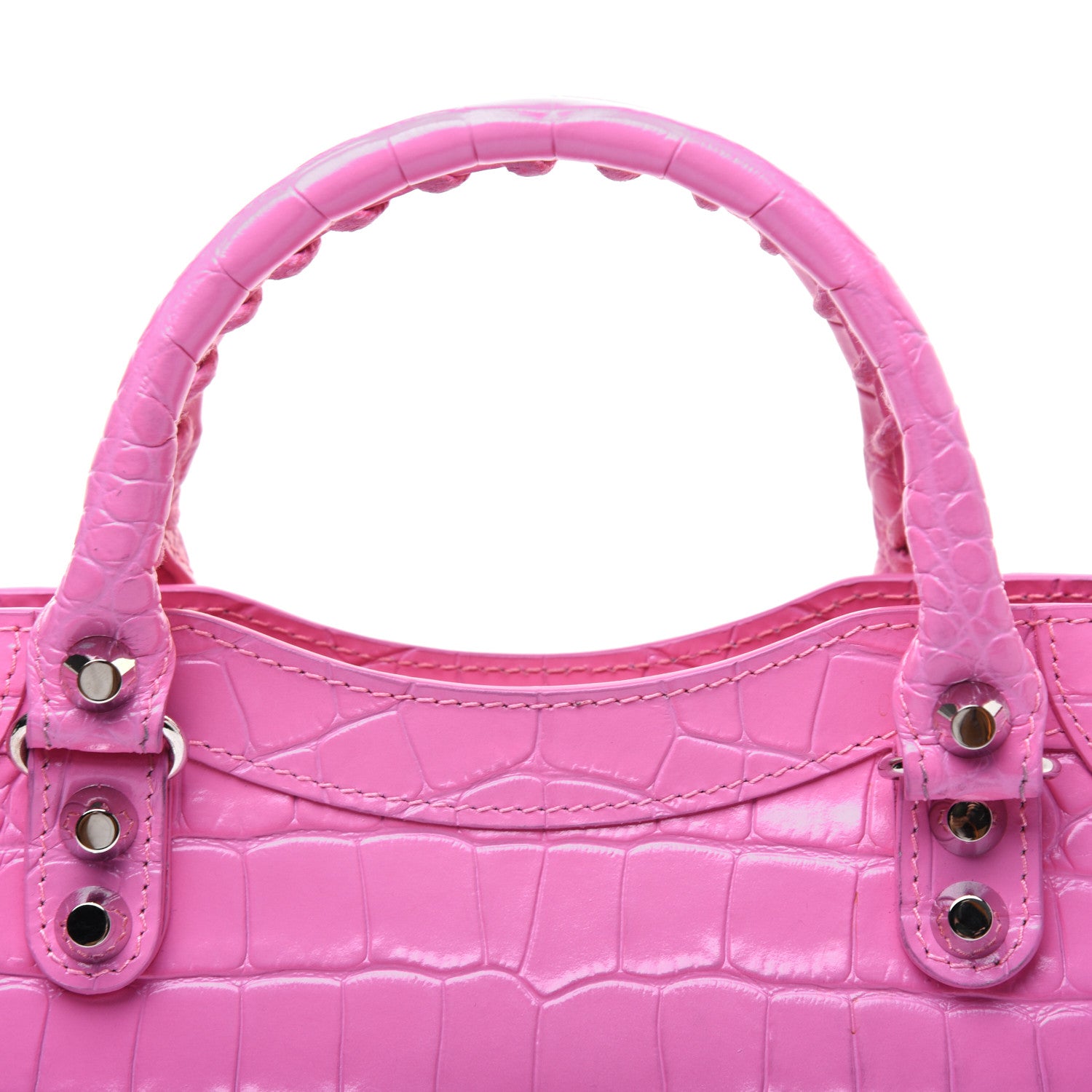 Balenciaga Shiny Supple Calfskin Crocodile Embossed Classic Silver Hardware Mini City Baby Pink 25 of 32
