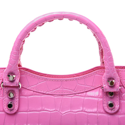 Balenciaga Shiny Supple Calfskin Crocodile Embossed Classic Silver Hardware Mini City Baby Pink 25 of 32