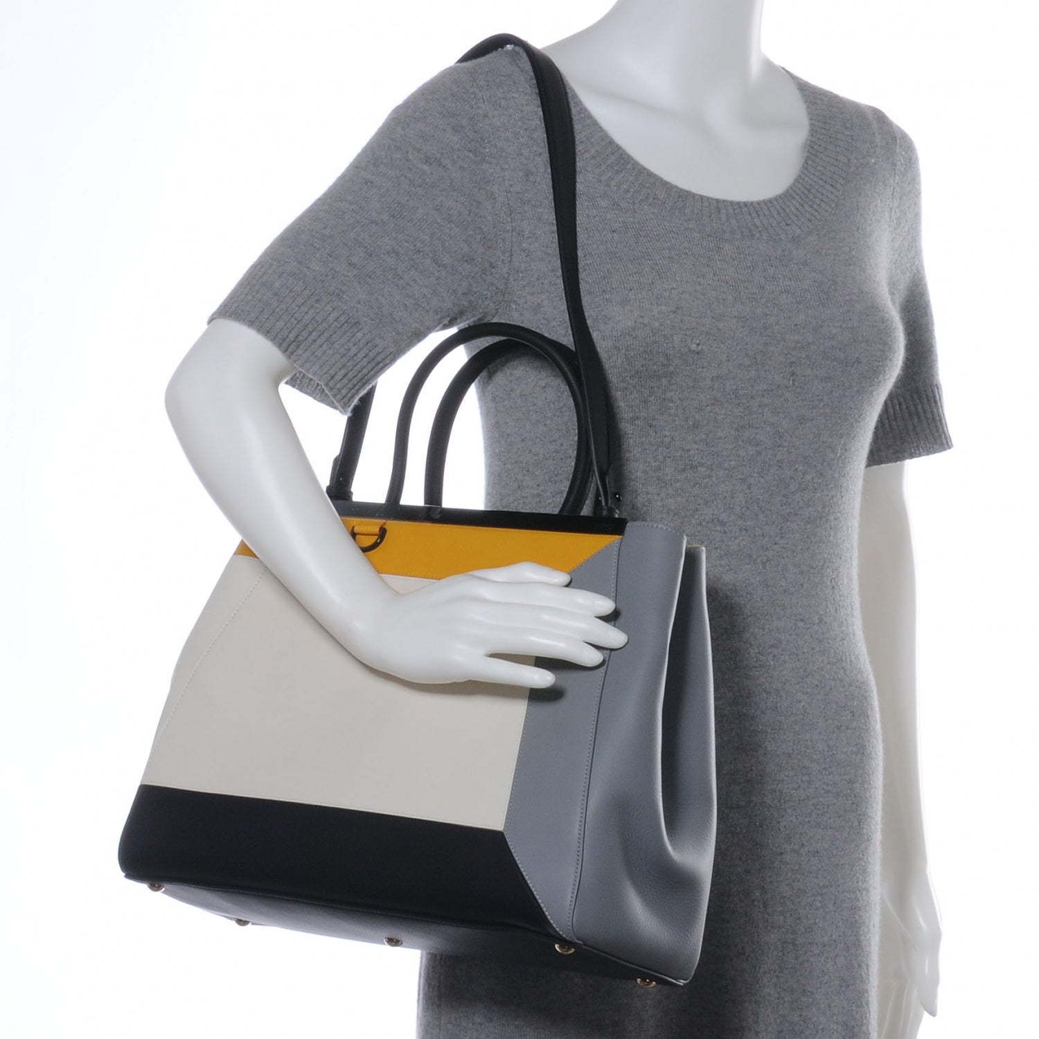 Fendi Vitello Colorblock Medium 2Jours Tote White Multicolor Girasole Black 2 of 9