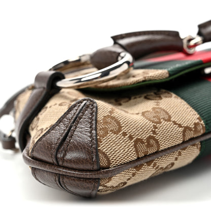 Gucci Monogram Textured Dollar Calfskin Heavy Grosgrain Web Small Maxi Horsebit Chain Shoulder Bag Beige Ebony New Acero 8 of 9