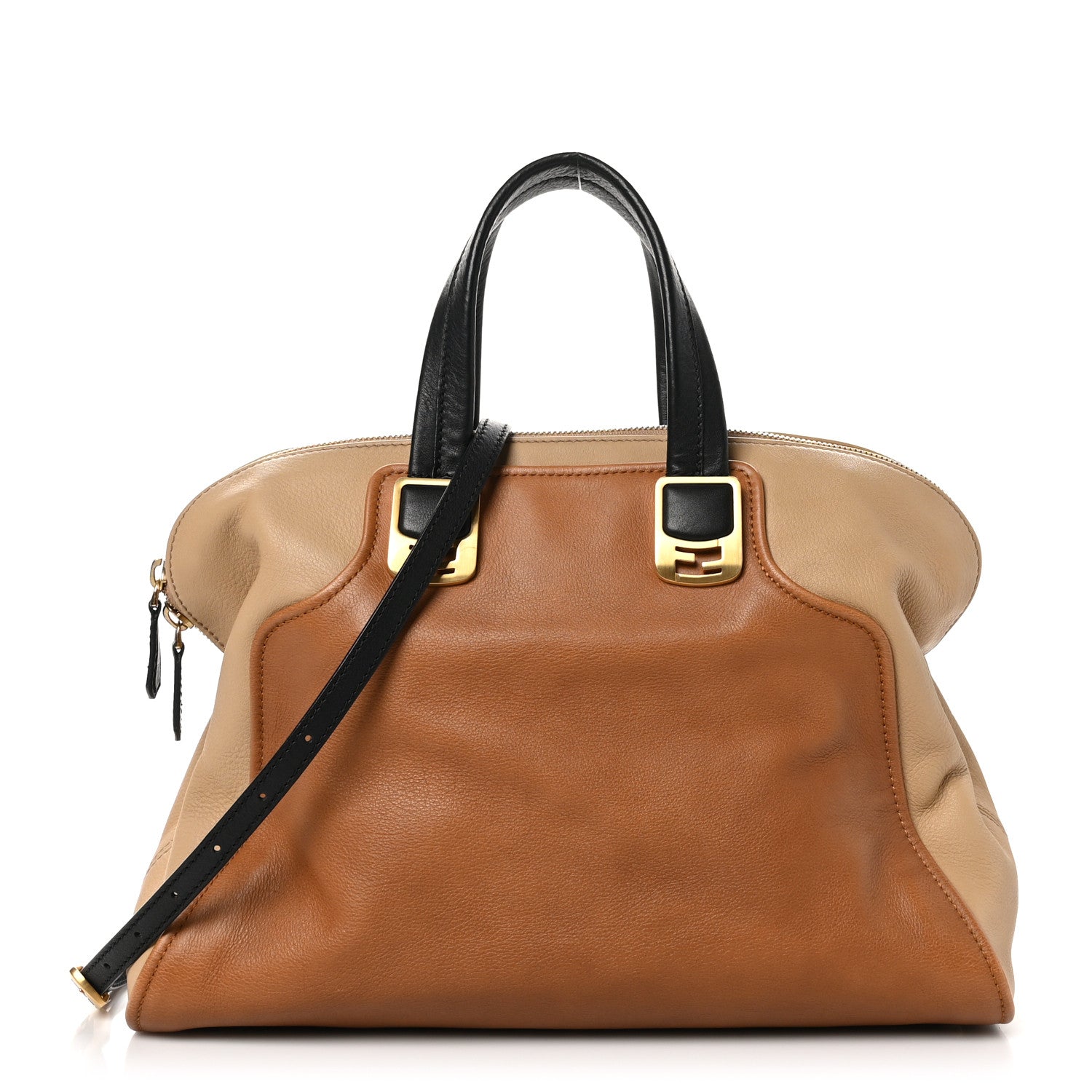 Fendi Calfskin Large Chameleon Tote Cognac Camel Black 1 of 11