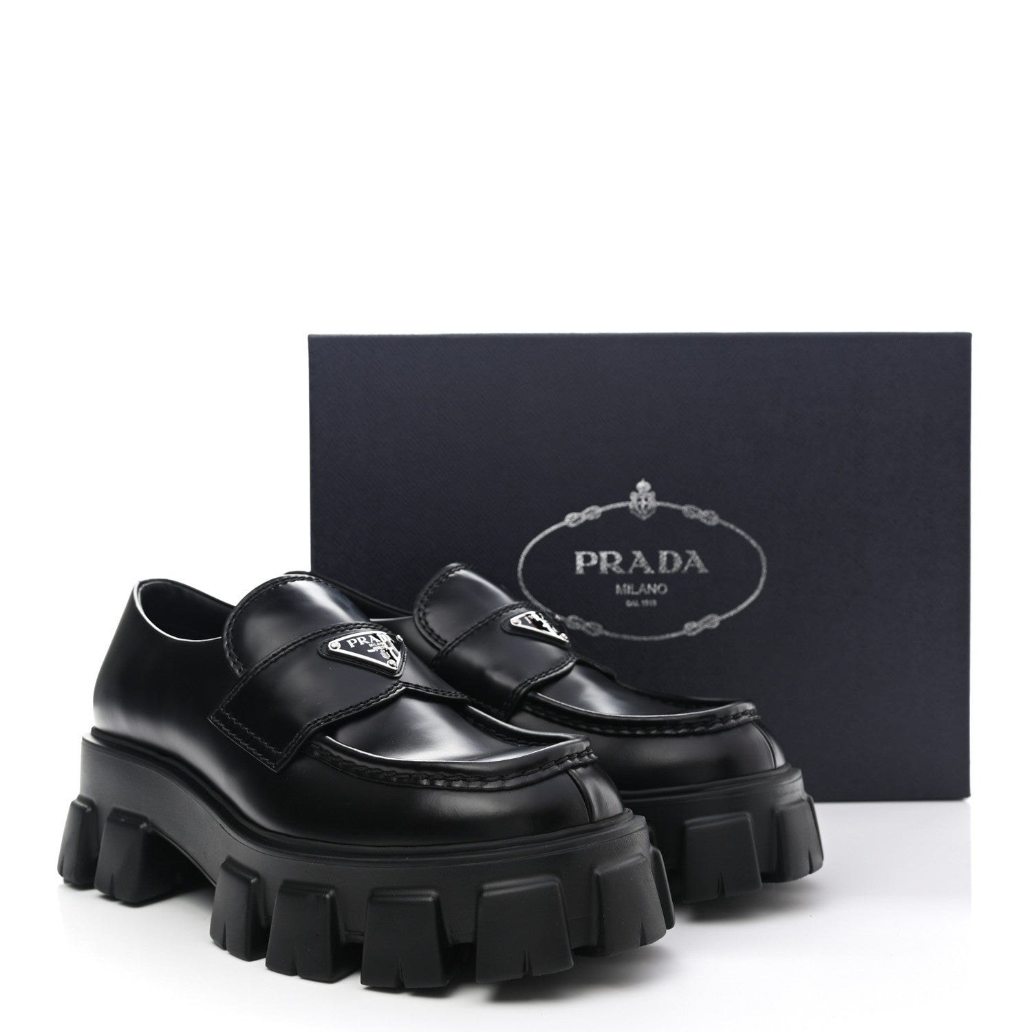 Prada Spazzolato Rois Metal Triangle Logo Mens Monolith 60mm Loafers 6 Black 11 of 11