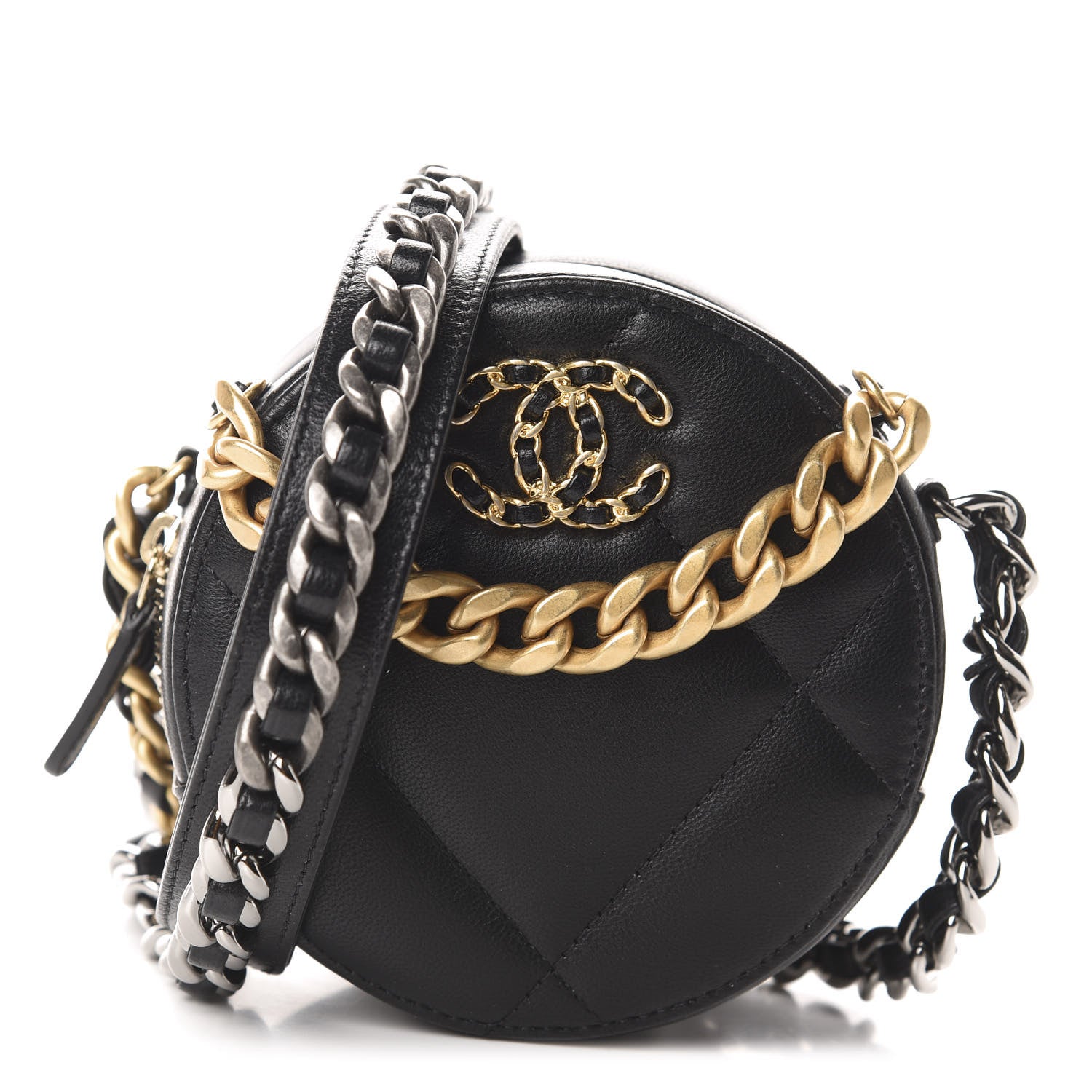 Chanel Shiny Goatskin Quilted 19 Round Clutch With Chain Black 1 of 11