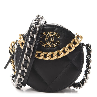 Chanel Shiny Goatskin Quilted 19 Round Clutch With Chain Black 1 of 11