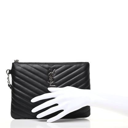 Saint Laurent Calfskin Matelasse Chevron Monogram A5 Wristlet Black 2 of 8