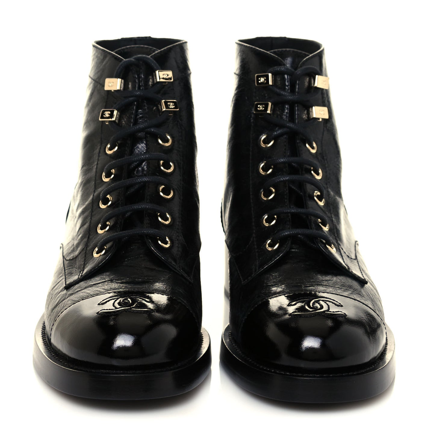 Crumpled Lambskin Shiny Calfskin Combat Boots 38.5 Black