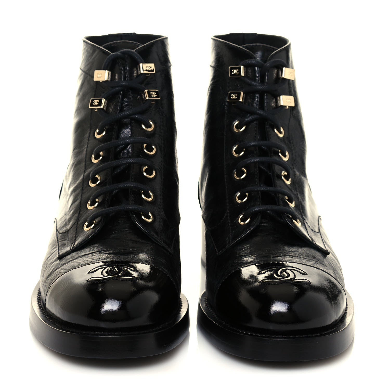 Chanel Crumpled Lambskin Shiny Calfskin Combat Boots 38.5 Black 2 of 8
