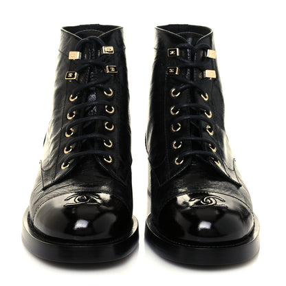 Chanel Crumpled Lambskin Shiny Calfskin Combat Boots 38.5 Black 2 of 8