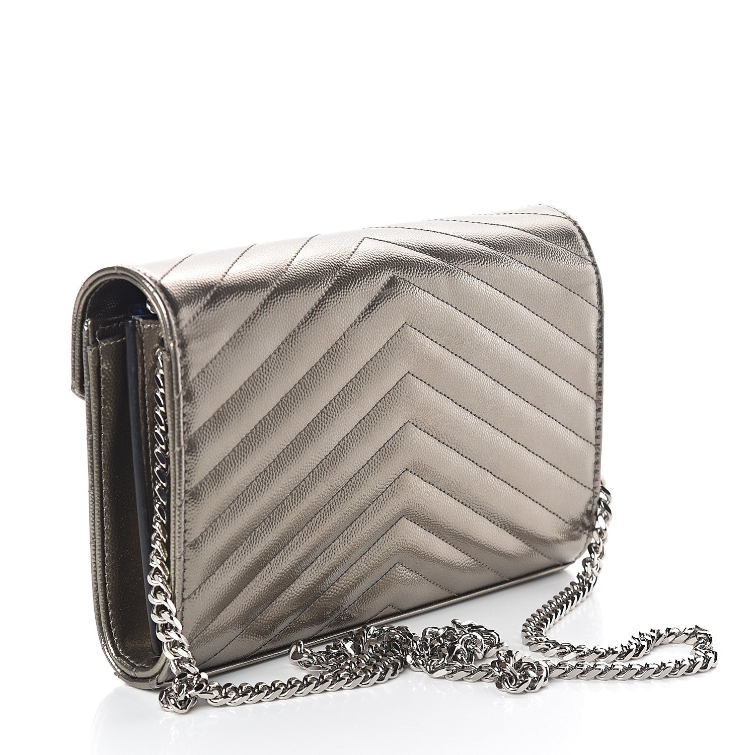 Saint Laurent Metallic Grain De Poudre Matelasse Chevron Monogram Chain Wallet Piombo 2 of 8