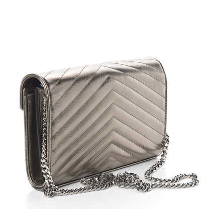 Saint Laurent Metallic Grain De Poudre Matelasse Chevron Monogram Chain Wallet Piombo 2 of 8