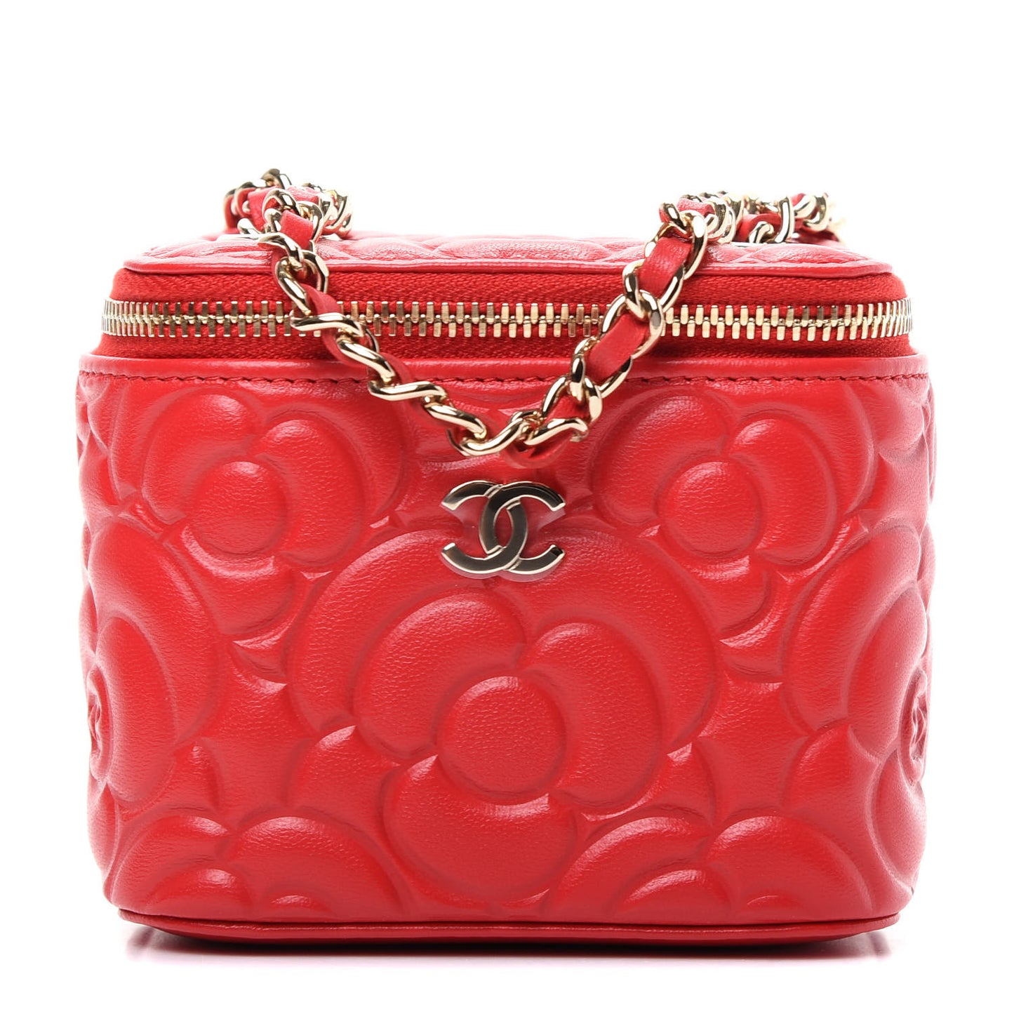 Lambskin Camellia Embossed Mini Vanity Case With Chain Red