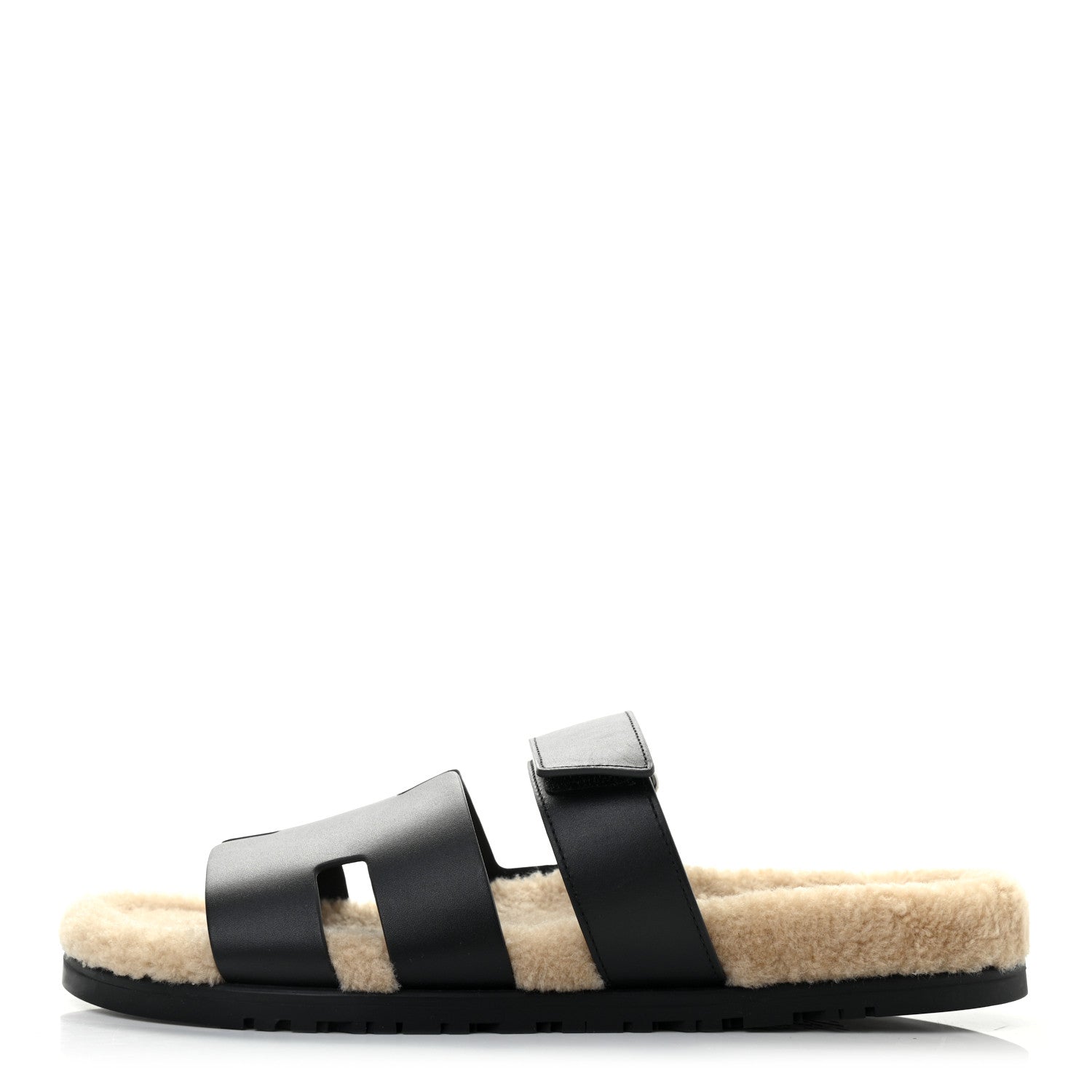Hermes Veau Indios Woolskin Mens Chypre Sandals 44 Black Ecru 1 of 8