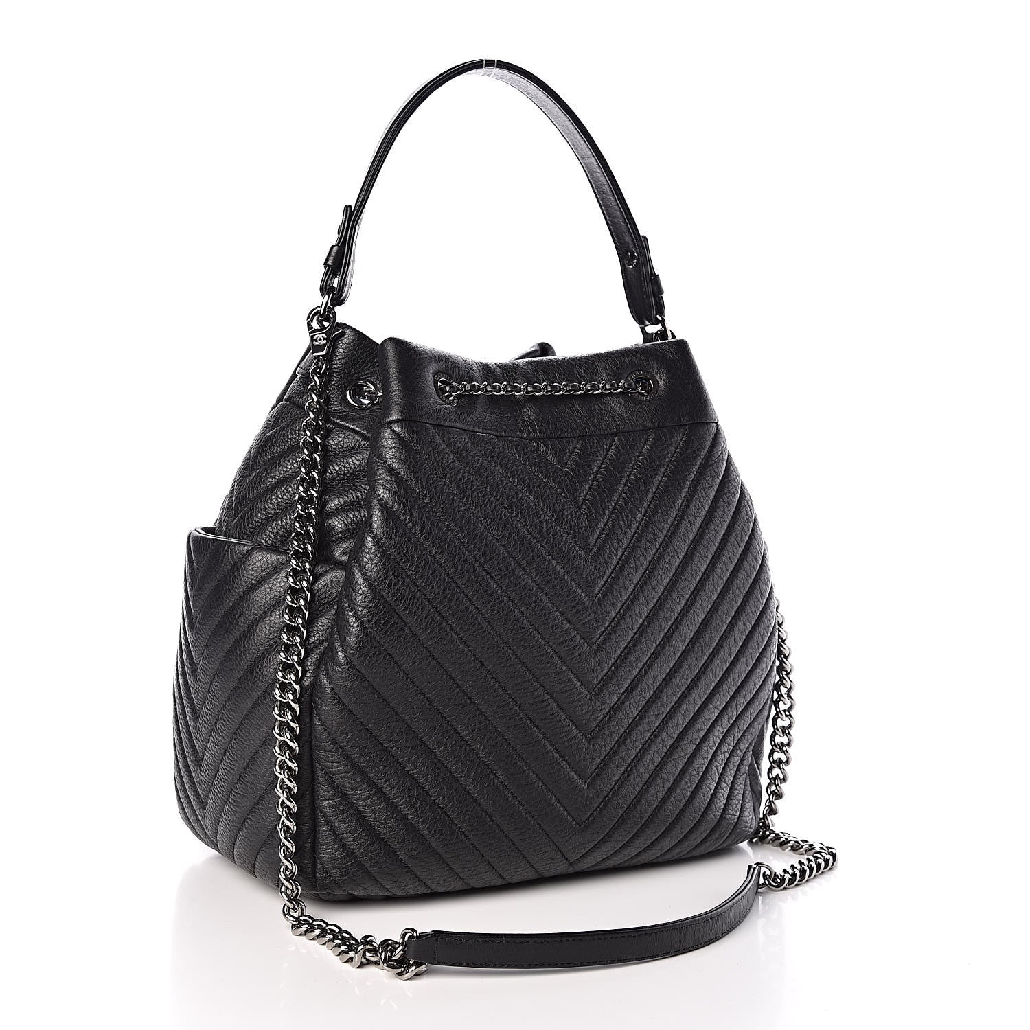 Chanel Deerskin Chevron Large CC Chain Bucket Drawstring Bag Black 3 of 10