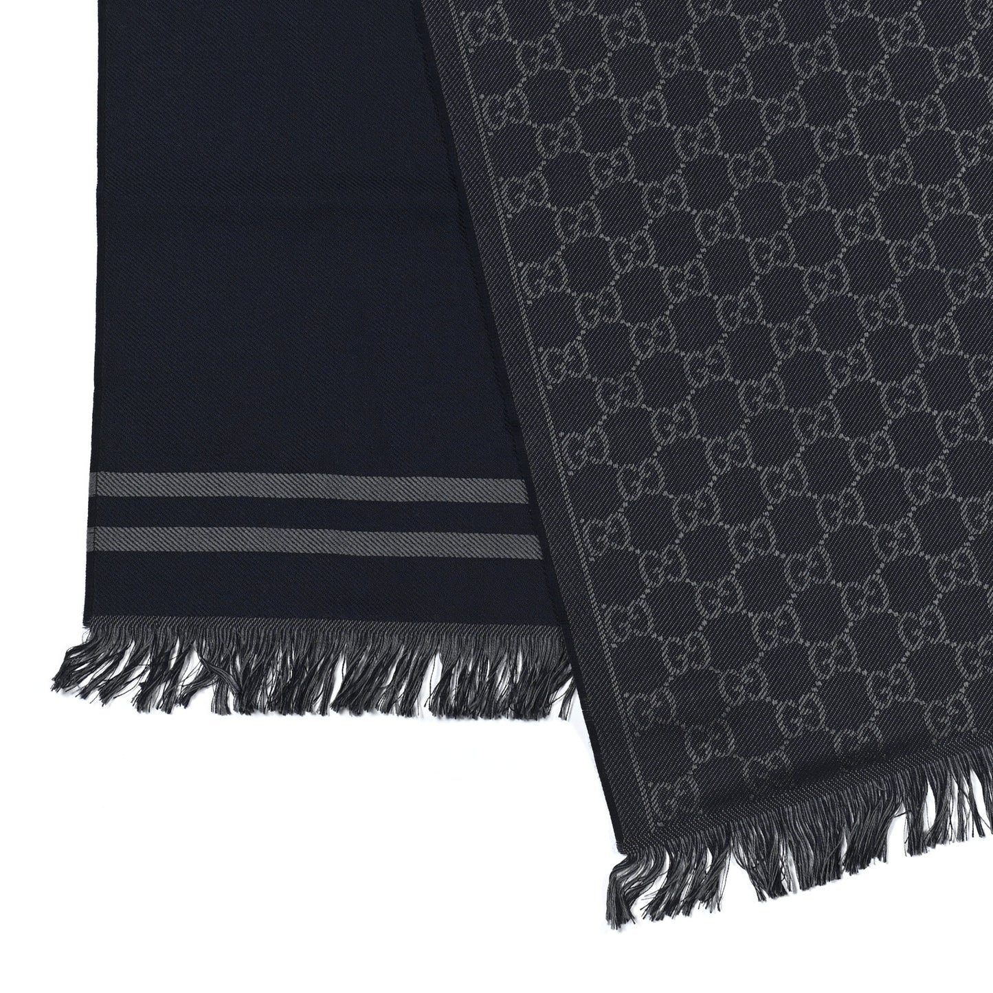 Wool Silk Monogram Fringe Scarf Navy Blue