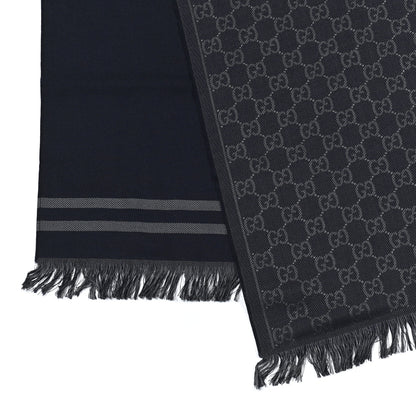 Gucci Wool Silk Monogram Fringe Scarf Navy Blue 3 of 5