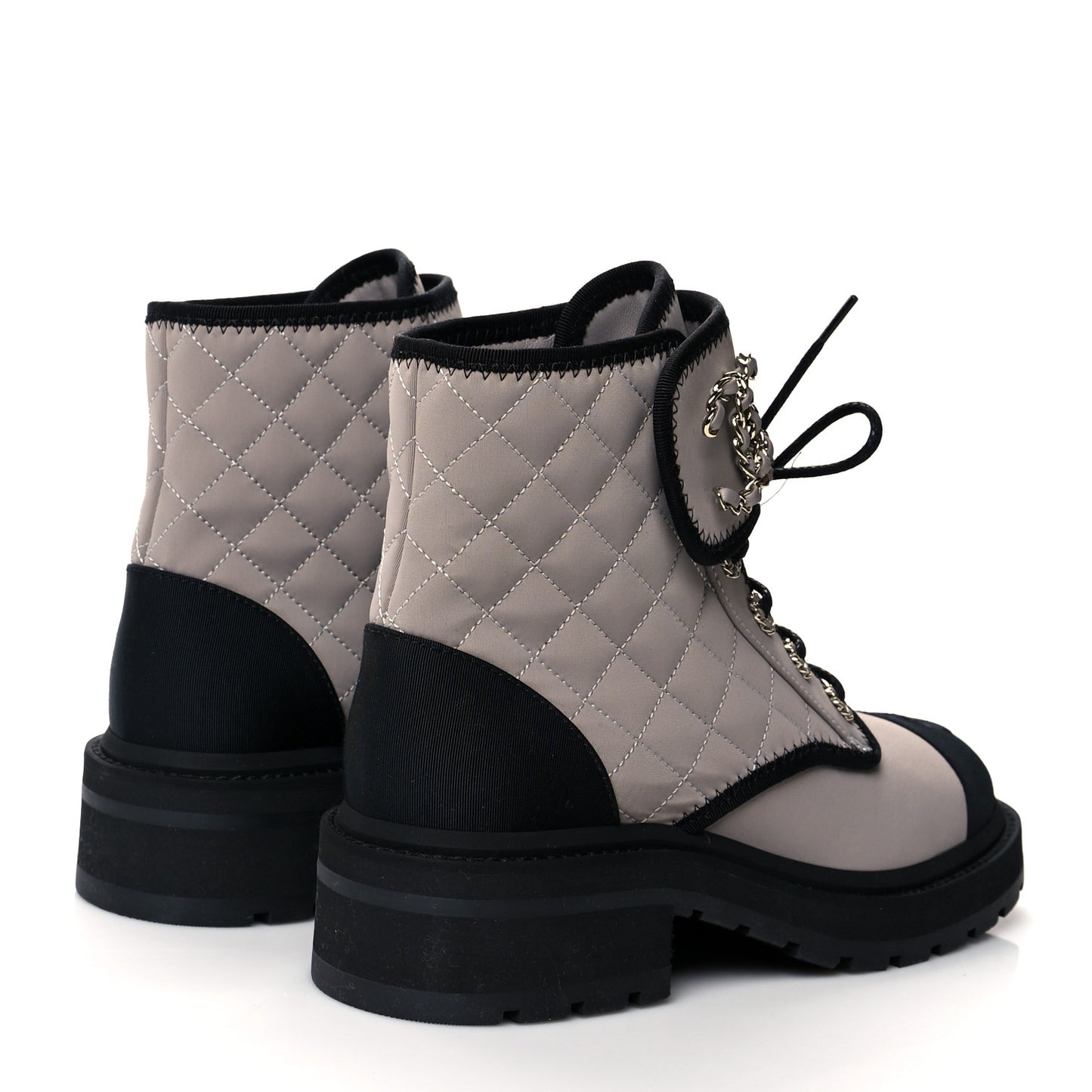 Fabric Grosgrain Quilted Cap Toe Lace Up Combat Boots 37.5 Gray